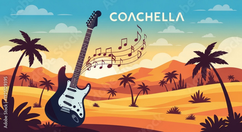 Electric guitar in desert landscape with palm trees at sunset music notes floating in air coachella festival vibe serene atmosphere