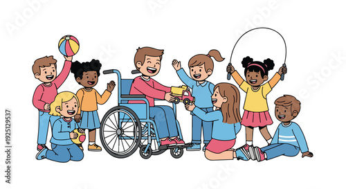 Illustration of diverse children and a woman in a wheelchair playing together on a white background with colorful clothes and toys.