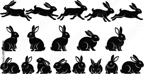 Rabbit silhouette set showing running jumping and sitting bunny poses wildlife animal collection vector illustration isolated
