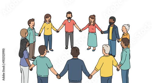 Diverse group of people holding hands in a circle on a white background with a sense of unity and solidarity.