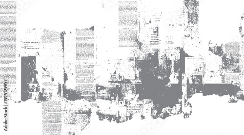 Distressed newspaper collage with grey text and abstract shapes. grunge overlay effect