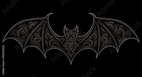 Ornate Bat Silhouette with Intricate Wings on Black Background