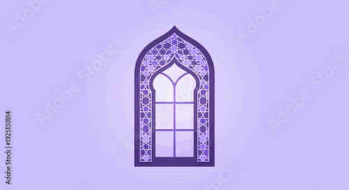 Islamic Arch Window with Geometric Pattern, Purple Background
