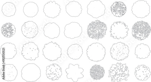 Collection of view tree outlines with varied foliage detail and irregular shapes