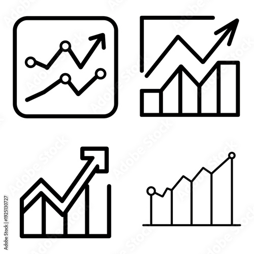 Four simple line graph icons showing upward trends and data analysis.
