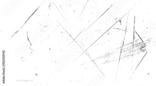 Grey abstract distressed texture with scattered dots and lines on white background. Faint script in lower left corner