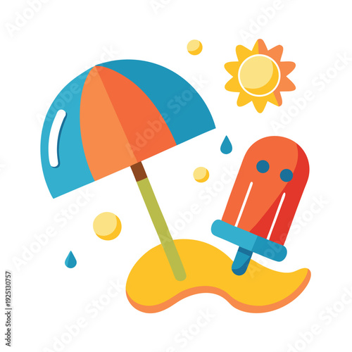 Summer beach with umbrella, chair and ball on sandy shore by the sea vector illustration
