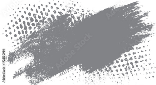 Grey distressed brush stroke with halftone dots overlay on white background abstract texture