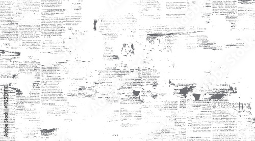 Distressed newspaper texture with scattered text fragments and ink splatters. Faded grey print on white background