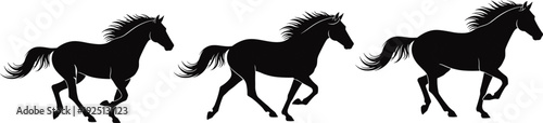 Running horse silhouettes set showing gallop motion black vector illustration isolated on white background for wildlife equestrian design projects branding advertising prints
