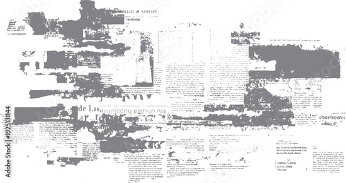 Distressed grey newspaper fragments with blurred text and abstract shapes on white background print grunge