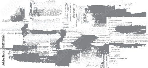 Distressed grey newspaper text fragments with torn edges and abstract overlay shapes