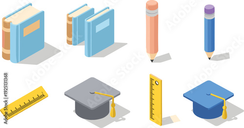 Isometric School and University Education Icons Collection with Books, Pencils, Rulers and Graduation Caps in Flat Vector Style