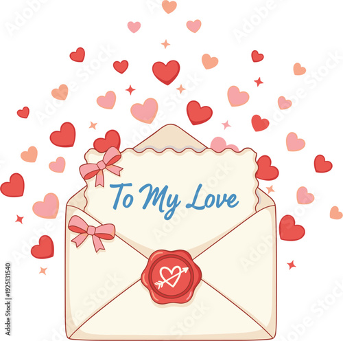 Cream Envelope With To My Love Letter And Red Wax Seal Surrounded By Hearts