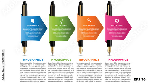 4-Step Professional Fountain Pen Infographic Template. Vector Illustration of Colorful Banners Wrapped Around Pens with Corporate Icons