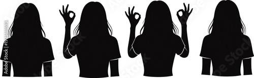 Woman silhouette showing hand gesture ok sign isolated on white background female profile vector illustration collection set
