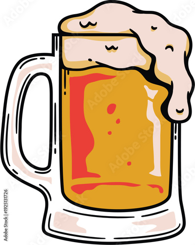 Hand drawn illustration of a frothy beer mug with amber liquid and red accents amber beer