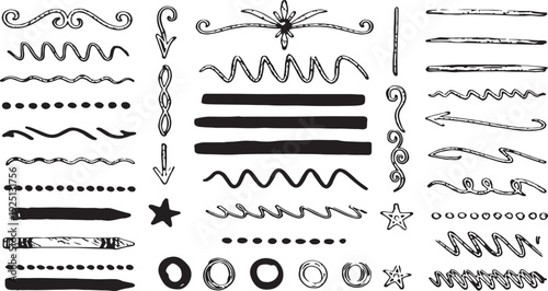 Charcoal pencil curly lines, squiggles and shapes. Grunge pen scribbles collection. Hand drawn vector pencil lines and doodles. Bright color charcoal or chalk drawing.