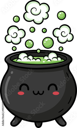 Cute Kawaii Witch Cauldron Bubbling Green Potion With Smiling Face