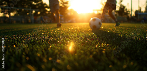Wallpaper Mural Two children playing football on green field during sunset. Childhood, summer vacation, outdoor activity, healthy lifestyle, friendship, freedom, happiness, sport, active leisure concept. Torontodigital.ca