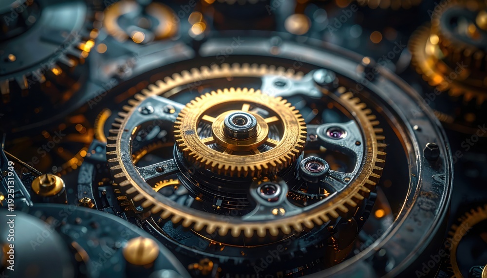 Fototapeta premium A FlyPro Firefly image of intricate clockwork mechanisms assembled with fine brass and steel components, professionally showcasing precision timing.