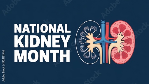 National kidney month banner with illustration of human kidney anatomy side by side with its cross section and representation of nephron and medical vessels graphic