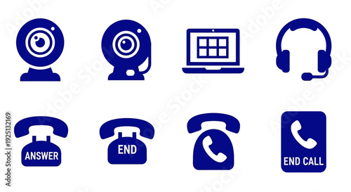 Flat design icons depicting various aspects of digital communication and remote work, including video calls and online meetings, on a clean white background.