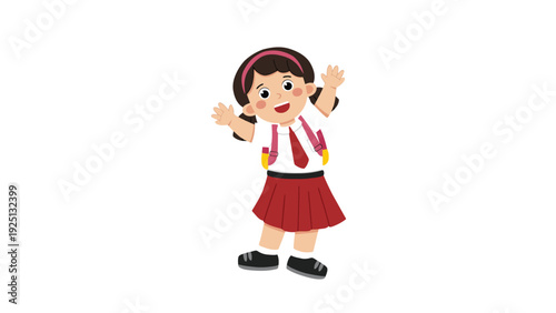 Cartoon girl in school uniform waving cheerfully with arms raised