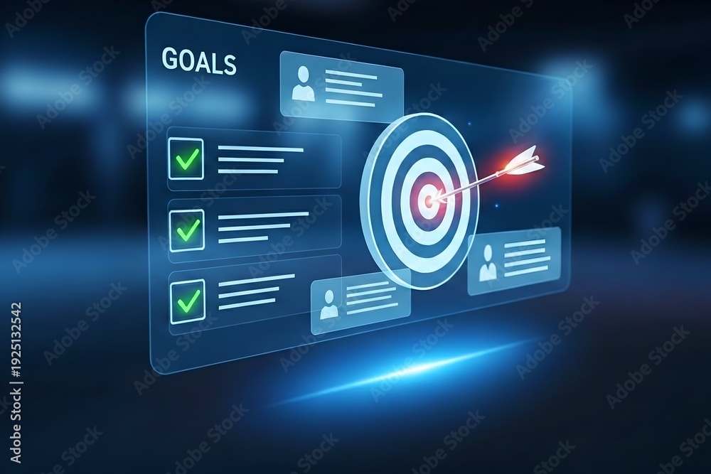 Fototapeta premium A futuristic digital interface displaying goals with progress indicators and a target symbol.