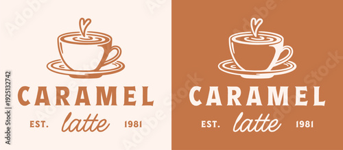 Caramel latte coffee cup logo macchiato salted syrup milk cream flavor label sticker mug foam art drawing. Homemade warm hot drink vintage aesthetic printable illustration for packaging design print.