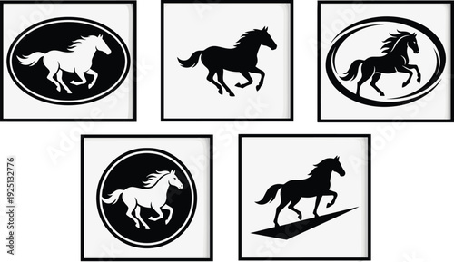 Horse silhouette set, running stallion icons, galloping mustang outlines, equestrian sports vector, black animal profile, equine logo, racehorse, farm, stallion.