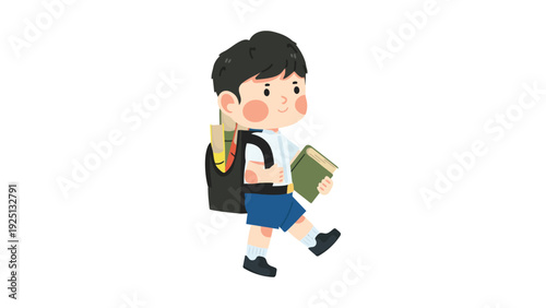 A young student hurries to school carrying books and a backpack.