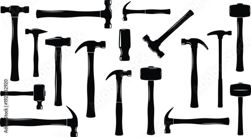 Hammer silhouettes vector illustration, construction tool artwork, carpentry design graphics, black and white clipart, mechanical pattern, industrial symbol