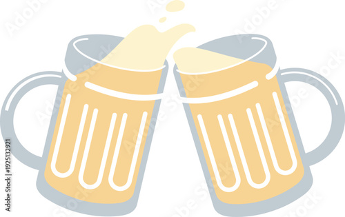 Two cartoon beer mugs clinking with frothy beer splashing toast celebration