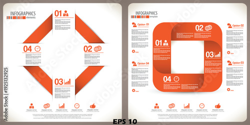 4-Step Orange Square and Diamond Infographic Set. Vector Illustration of Corporate Process Templates with Numbered Options and Business Icons