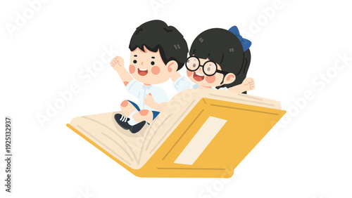 Two excited children happily reading a large open book together