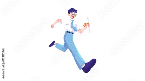 A cheerful mechanic running while holding a wrench in a playful manner