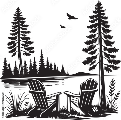 Two Adirondack Chairs on a Scenic Lakefront Mountain View