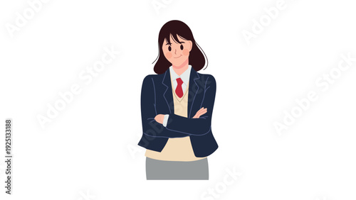 Professional woman with arms crossed looking contemplative in business attire