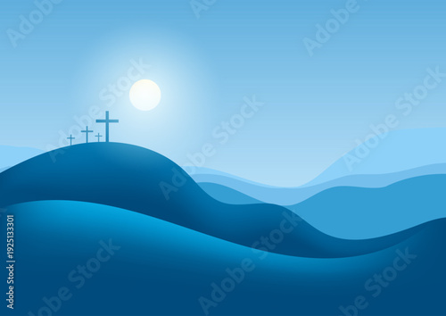 Minimal Good Friday background with crosses in blue landscape 