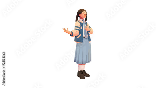 Young student standing confidently with hands raised in a school uniform