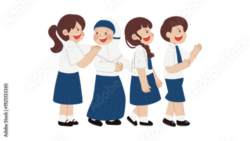 Four schoolgirls celebrating together in a cheerful group setting