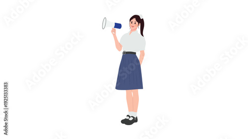A young person holding a megaphone and speaking outdoors in a dynamic pose