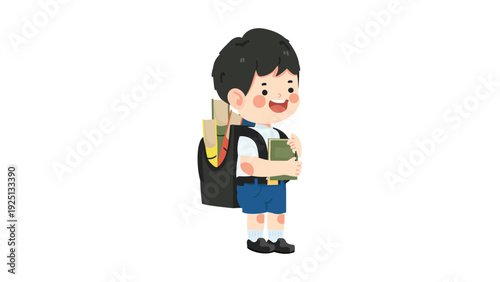 Happy young student holding books and smiling while carrying a backpack