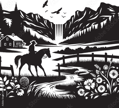 Cowboy on Horse Riding Toward Mountain Waterfall Silhouette