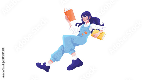 A cheerful character happily carrying colorful books and a bag
