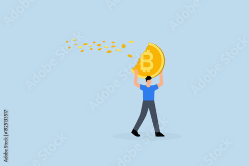 Bitcoin price falling down make trader losing money, Disappointed investor trader fleeing with his disappearing, crumbling into dust Bitcoin