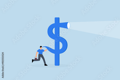 Investment opportunity discovery, Intelligent entrepreneur peers through telescope shaped like a dollar sign to gaze into the future