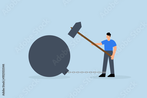 breaking bad habits for freedom, businessman confidently uses a hammer to shatter the heavy chain weighing him down