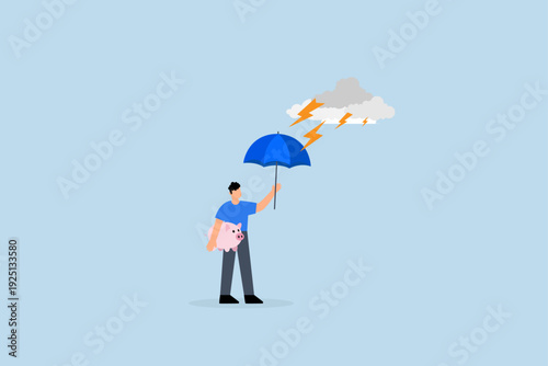 Wealth protection, Businessman clutching sturdy umbrella to shield piggy bank